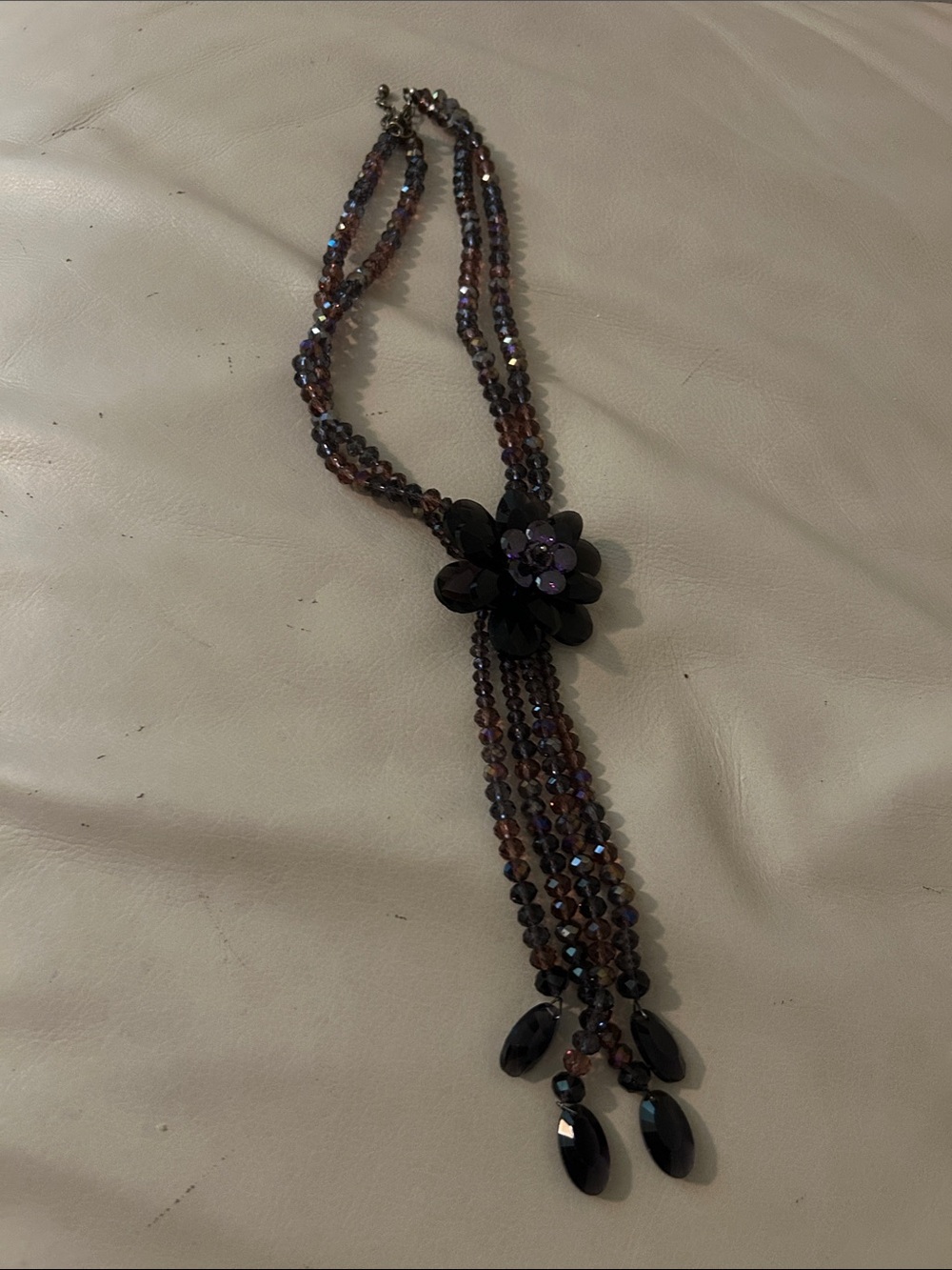 Handcrafted Black & Purple Beaded Flower Lariat Necklace - Picture 4 of 6
